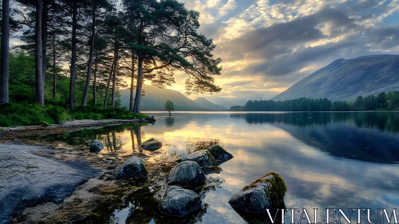 Mountain lake sunrise reflects pines and distant peaks
