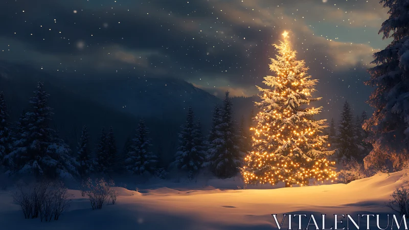 Glowing Christmas tree gently lights a peaceful winter forest