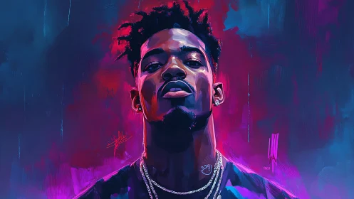 Neon-lit portrait of confident man in bold cyber hues.