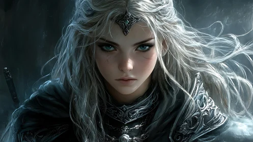 Silver haired warrior queen in ornate dark armor portrait.