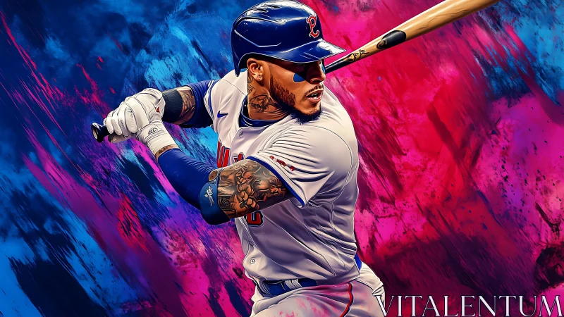 Swinging for glory in a bold neon ballpark dreamscape.