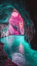 Neon lit sea cave with cyan water and magenta stalactites