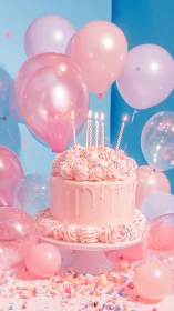 Pink Tiered Birthday Cake Surrounded by Balloons and Confetti Display
