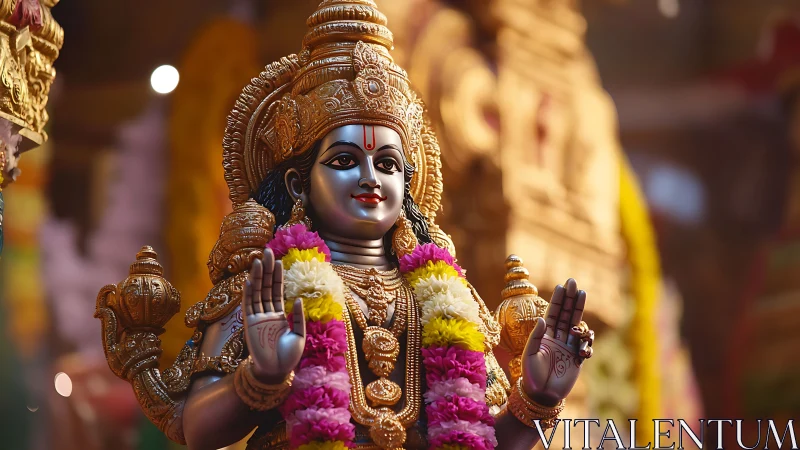 Ornate Hindu deity statue is shown with flower garlands