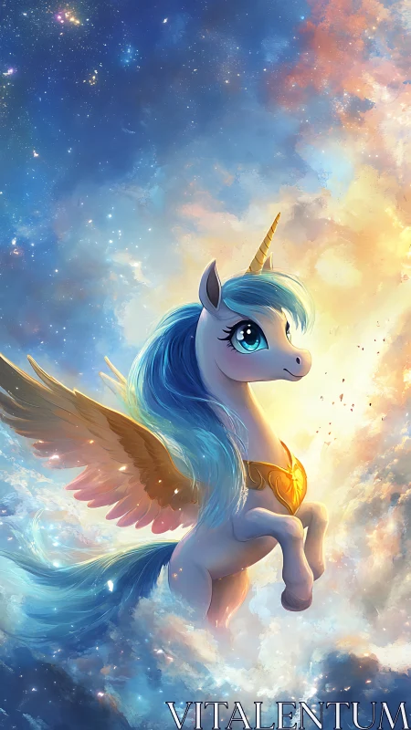 Winged unicorn ascends through radiant celestial clouds.