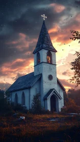 Old white chapel glows softly against a dramatic twilight sky