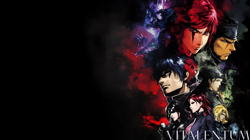 Group of anime warriors arranged vertically on dark background