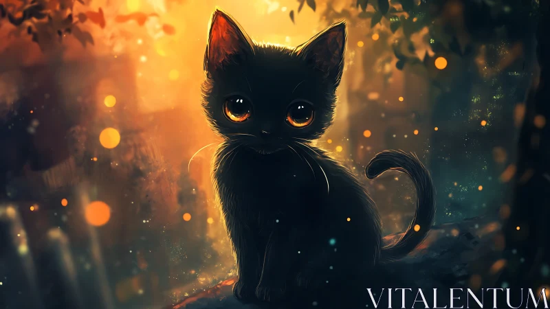 Luminous Shadow: Black Cat's Ember-Bright Gaze Burns Through Golden Twilight