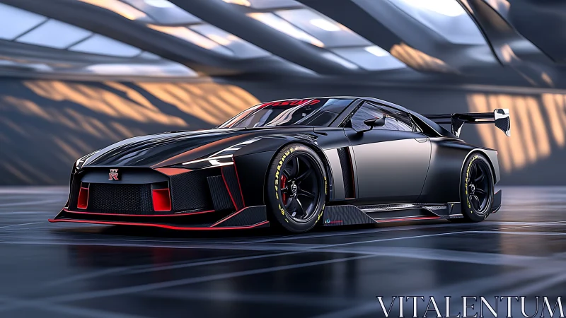 Matte black GT-R race car stands under futuristic skylights
