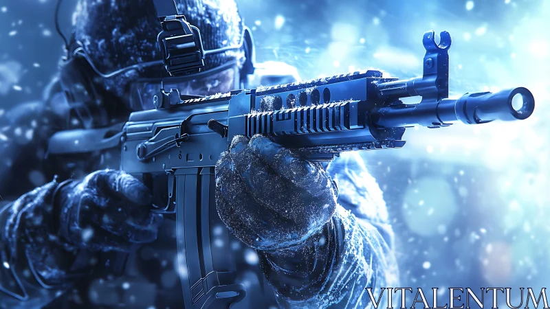 Armed soldier aiming rifle in blue frozen combat scene.