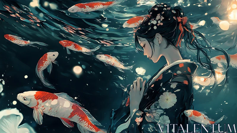 Dreaming beneath koi lanterns in a quiet underwater night.