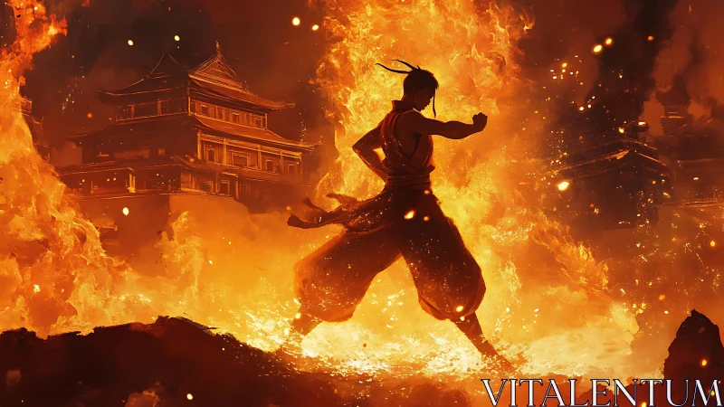 Martial artist stands in roaring flames before burning temple.