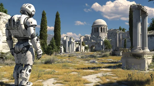 Solitary robot exploring sunlit ancient stone ruins.