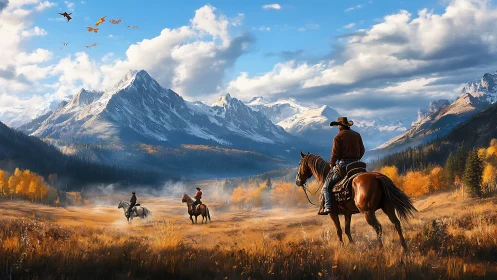 Riders surveying alpine valley under migrating dragonscape.