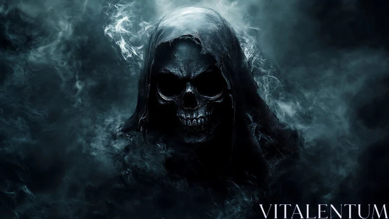 Hooded skeletal figure emerges from dense, swirling dark smoke
