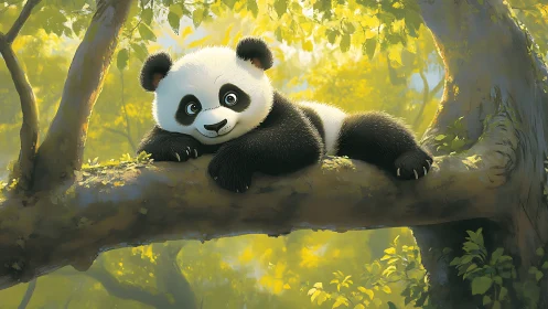 Playful cartoon panda cub rests on sunlit forest branch