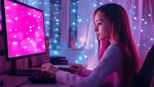 Side-lit gamer at RGB desktop in saturated magenta-blue bokeh