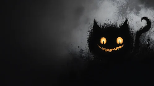 Digital painting of eerie glowing-eyed shadow cat silhouette.