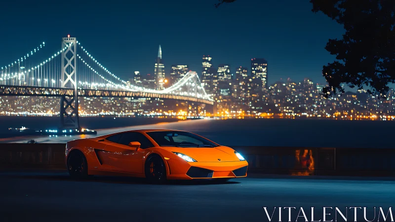 Orange supercar glows against a sparkling city night skyline