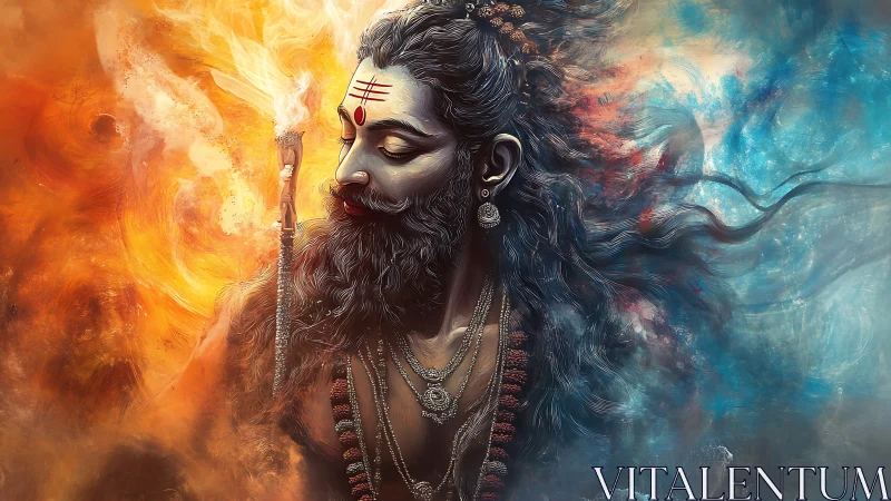 Mythic ascetic in dual thermal-aquatic energy vortex field.