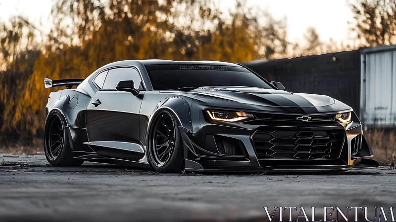 Widebody black Camaro rests low on empty industrial lot
