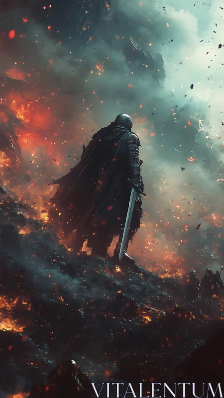 Last ember-knight prowls a crumbling volcanic battlefield.