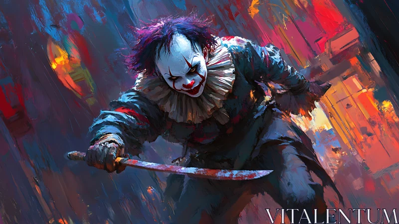 Blade-ready circus nightmare lunges through molten neon streets