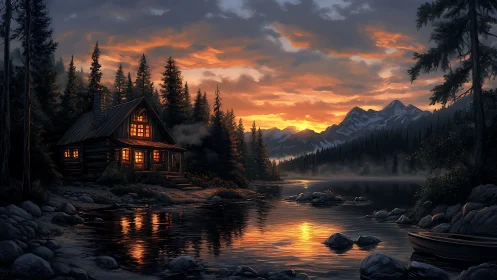 Warm-lit lakeside cabin reflects across dusk alpine waters