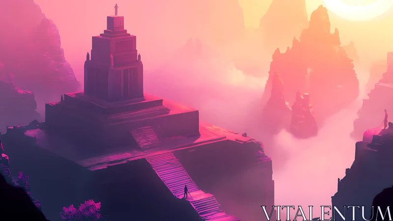 Sunlit temple rises over misty neon canyon at dawn.