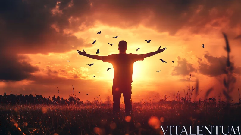 Silhouette embraces sunset sky as birds circle in freedom
