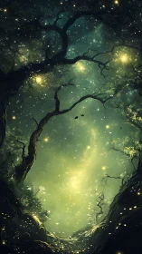 Starlit forest clearing glows softly with magical fireflies
