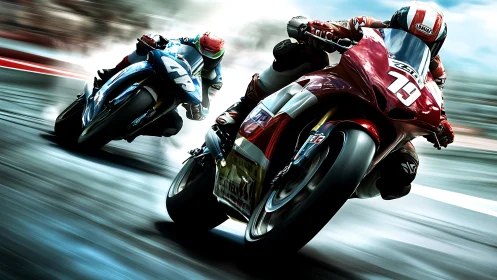 High speed motorcycle race with two riders in tight battle.