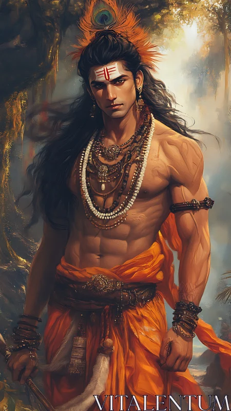 Mythic warrior with orange robes and sacred markings.