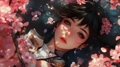 Soft-lit anime portrait of girl amid densely rendered cherry blossoms