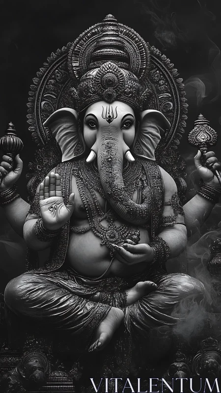 Monochrome Ganesha radiates calm power in sacred smoke.