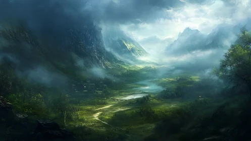 Sunlit misty valley with river corridor and dramatic peaks