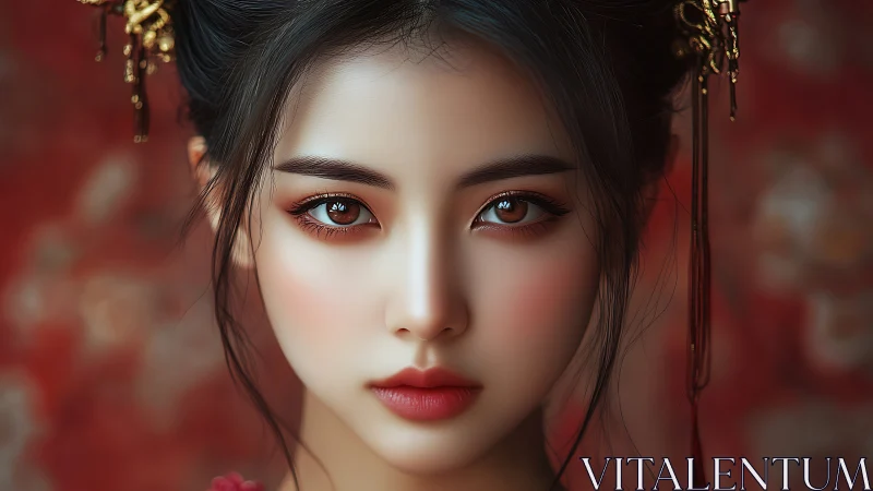 Intense portrait of noble woman in ornate red setting.