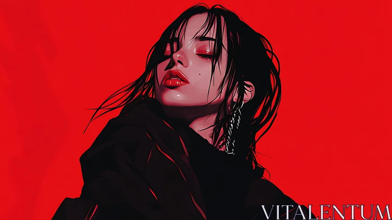 Confident woman in bold red portrait with glossy flair.