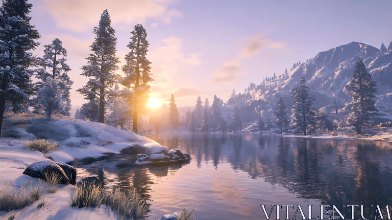 Gentle winter sunrise glows over a calm forest lake