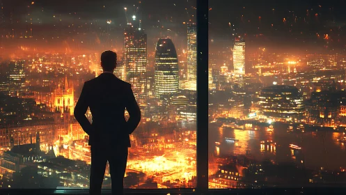 Backlit executive silhouette over incandescent tech metropolis.