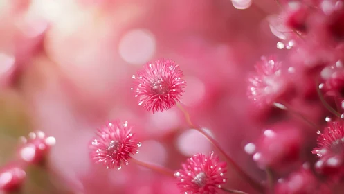 Dewlit pink pompom blossoms in dreamy bokeh haze.