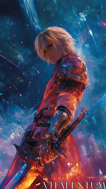 Ember-clad swordsman ignites a storm of sapphire starlight.