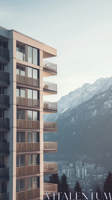 Modern mountain apartment tower overlooks misty alpine city