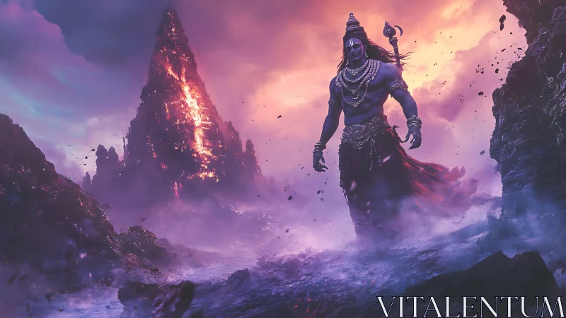 Mythic warrior figure beside erupting volcanic mountain.