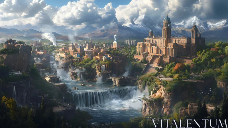 Cascading river citadel beneath stratocumulus-veiled ranges.