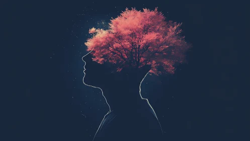 Silhouetted head profile blended with red blooming tree.