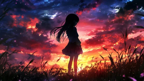 Silhouetted anime girl observes a luminous, high-contrast sunset sky