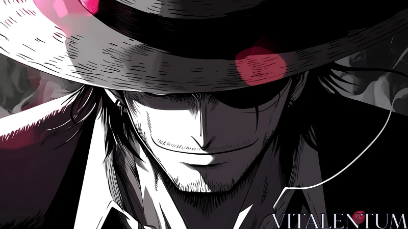 Shadowed swordsman in wide-brim hat under crimson flares.