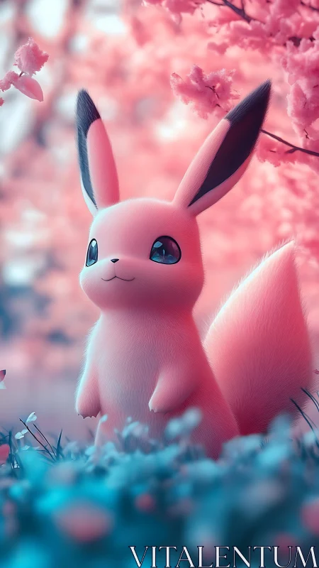 Pink rabbit-like creature in stylized cherry blossom grove.