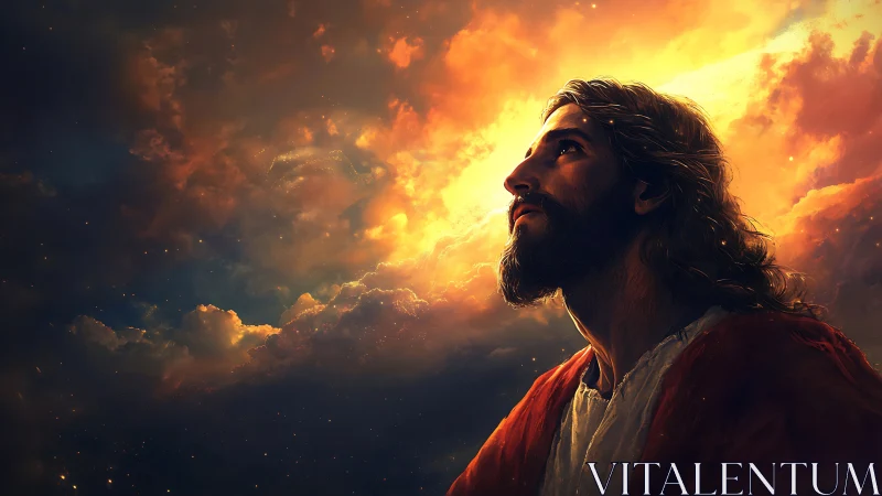 Digital painting of bearded man gazing toward radiant sky.